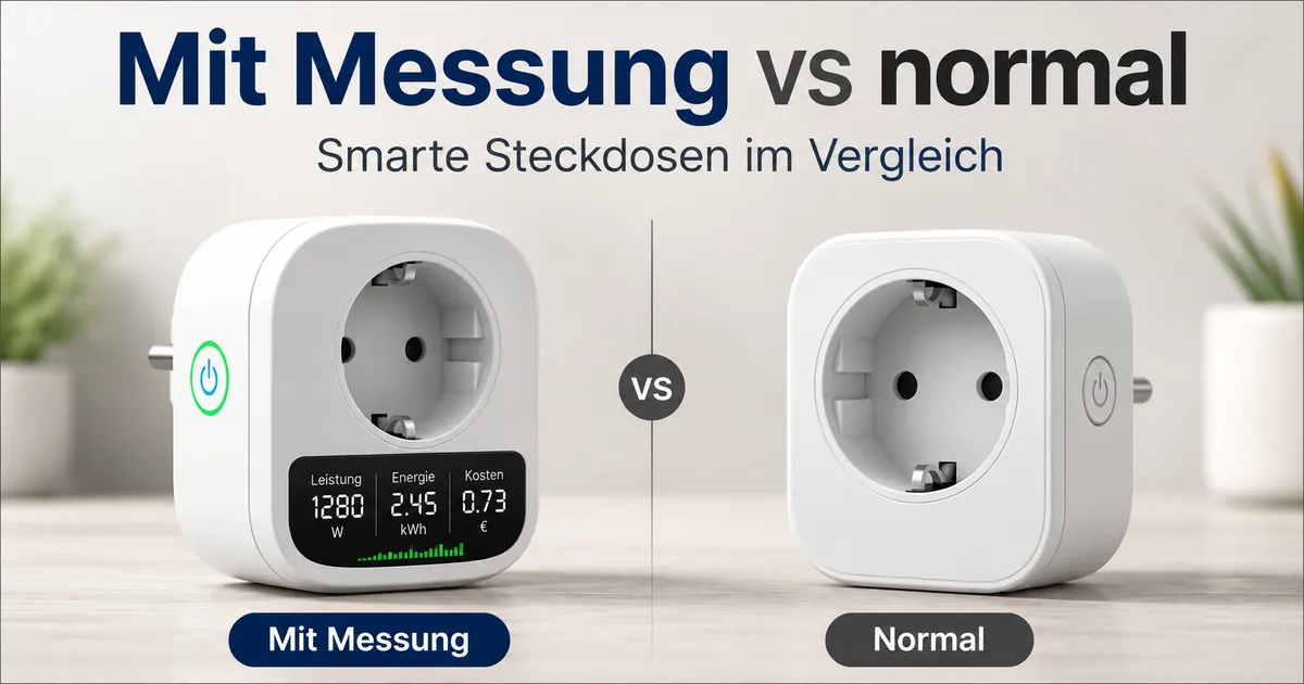 Smarte Steckdose mit Energieüberwachung neben einer normalen smarten Steckdose im Vergleich