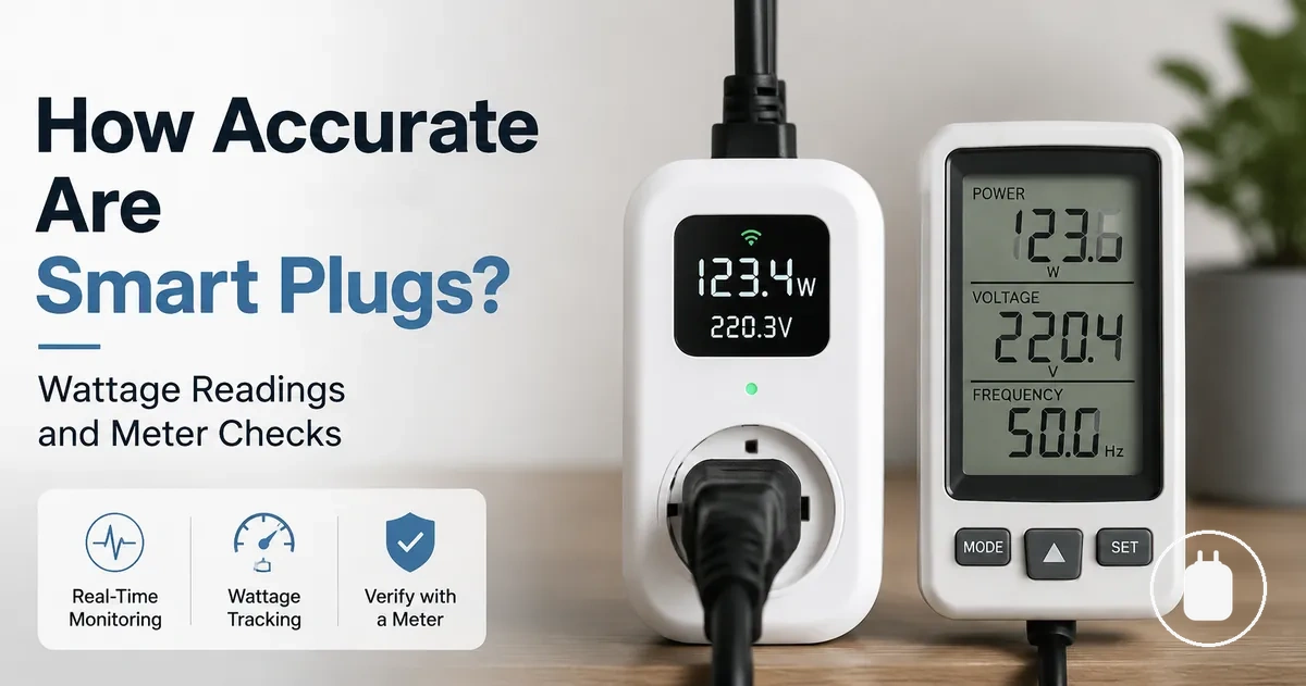 Energy monitoring smart plug showing wattage readings beside a separate power meter