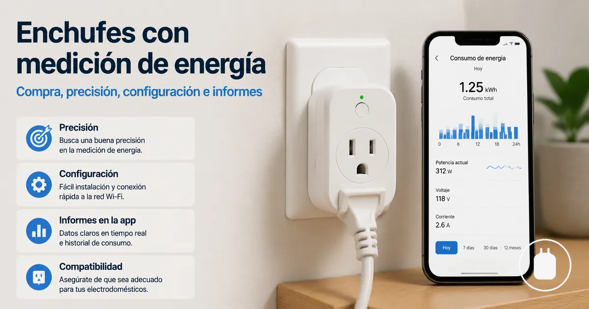 Checklist beside an energy monitoring smart plug showing key buying factors