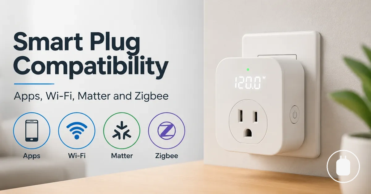 Energy monitoring smart plug with app, Wi-Fi, Matter, and Zigbee compatibility symbols