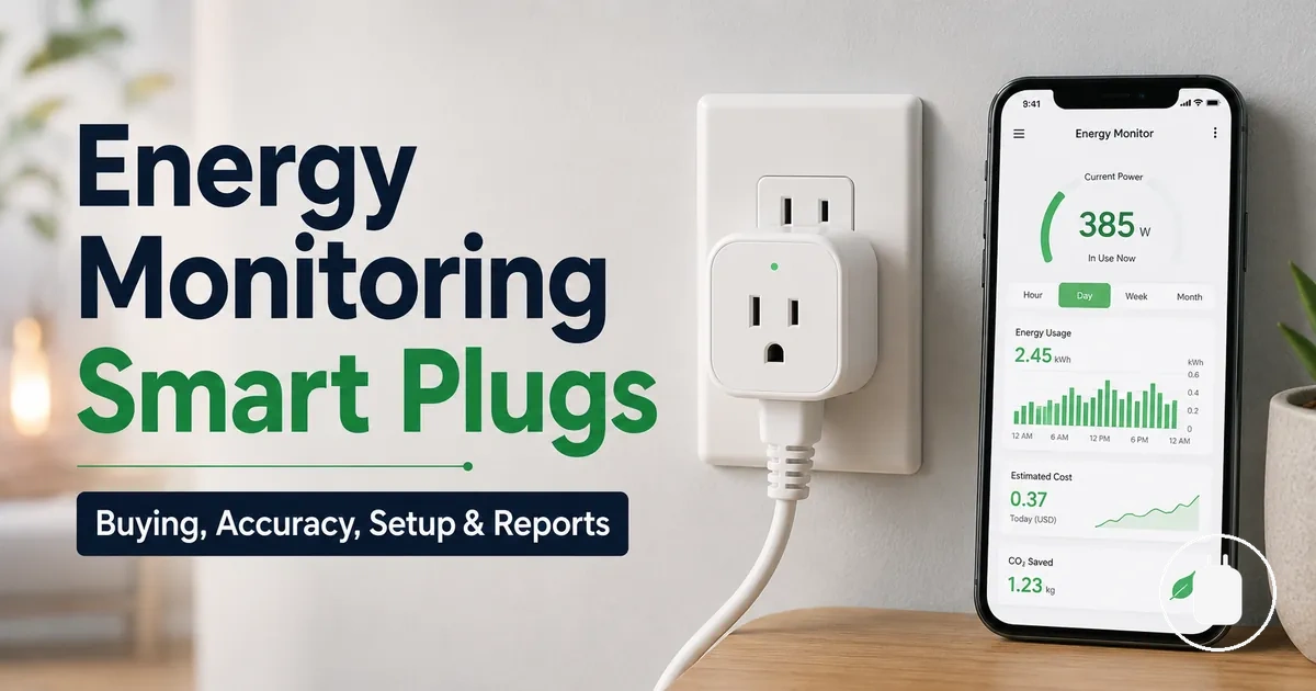 Energy monitoring smart plug connected to a wall outlet with usage data shown in a mobile app