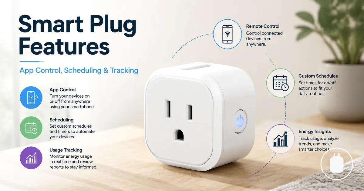 Energy monitoring smart plug feature icons for app control, scheduling, and usage tracking