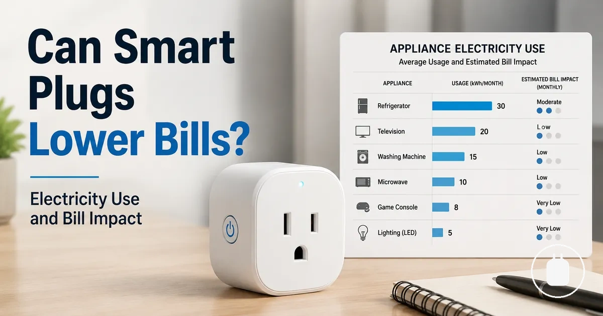 Energy monitoring smart plug beside a chart of appliance electricity use and bill impact