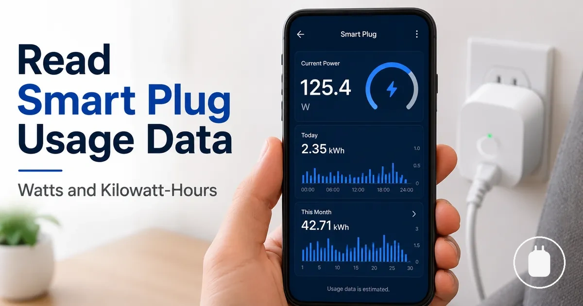 Smart plug usage data screen showing wattage and kilowatt-hour readings