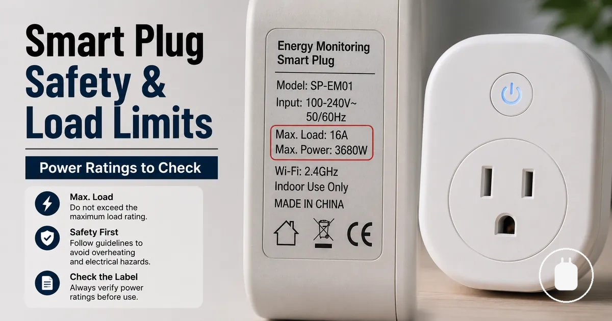 Energy monitoring smart plug label showing power rating and load limit information