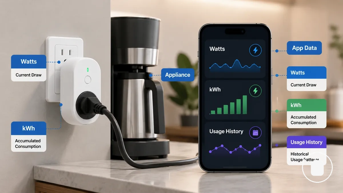 Energy monitoring smart plug app showing watts kWh usage history and connected appliance