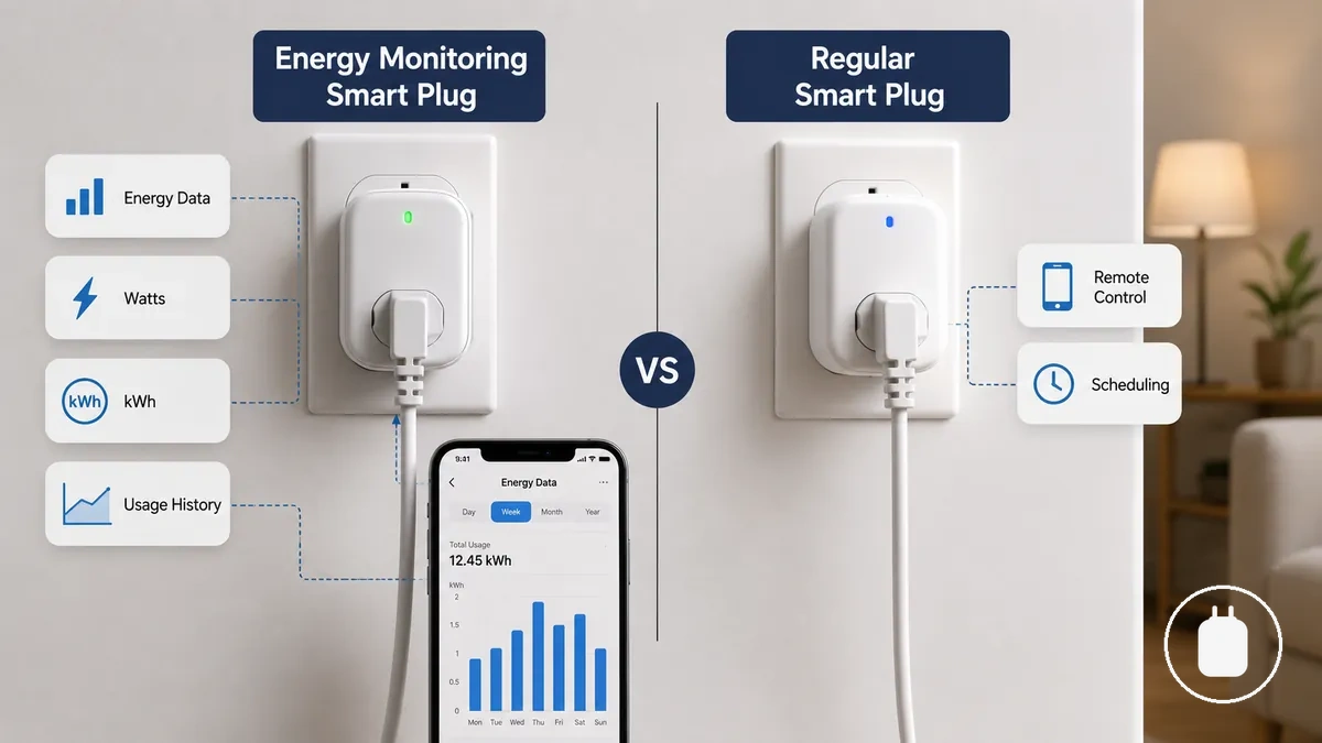 Energy monitoring smart plug and regular smart plug comparison showing usage measurement capability