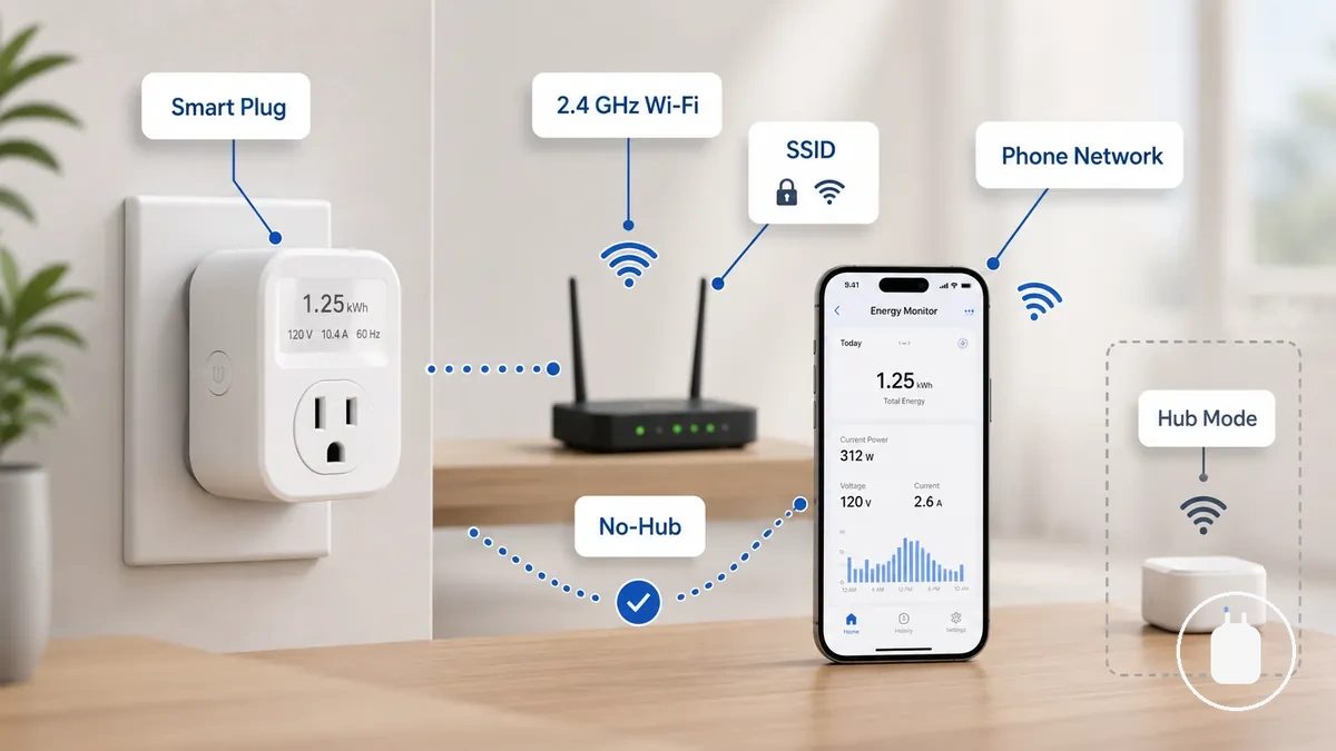 2.4 GHz Wi-Fi and no-hub smart plug setup conditions showing connection requirements