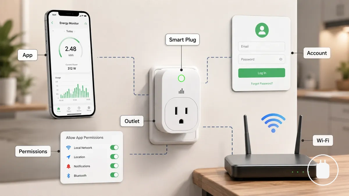 Energy monitoring smart plug setup requirements showing a plug, app, phone, and connection conditions