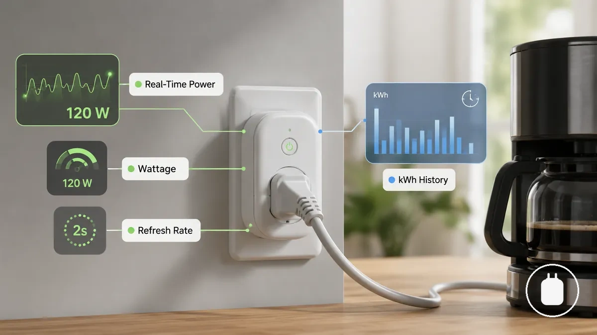 Energy monitoring smart plug showing real-time power and kWh history data types