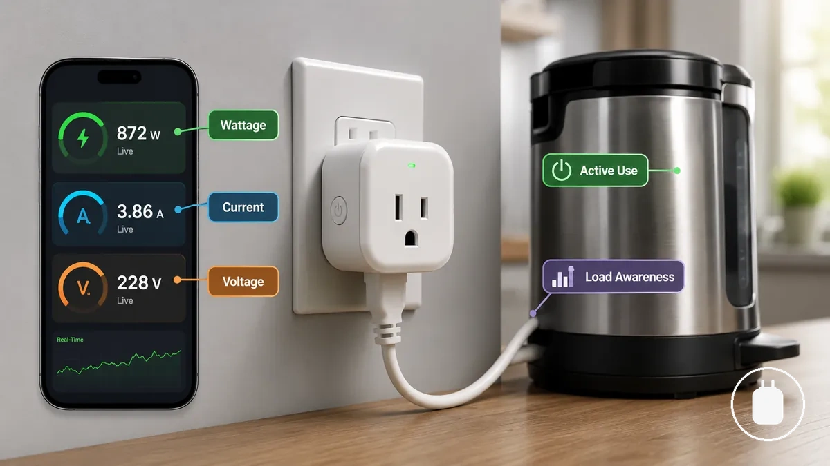 App display showing real-time wattage current and voltage readings from an energy monitoring smart plug