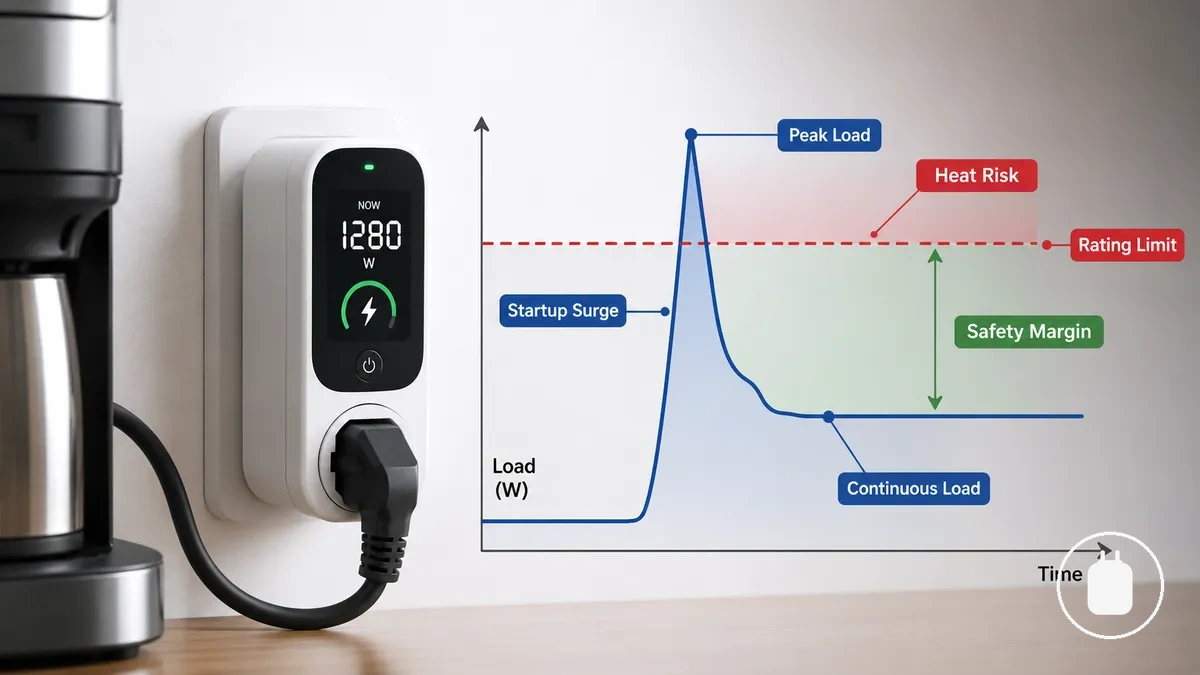 Diagram showing continuous load and peak load against a smart plug rating limit