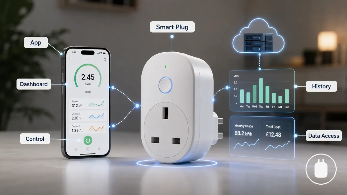 Energy monitoring smart plug connected to an app showing energy data visibility