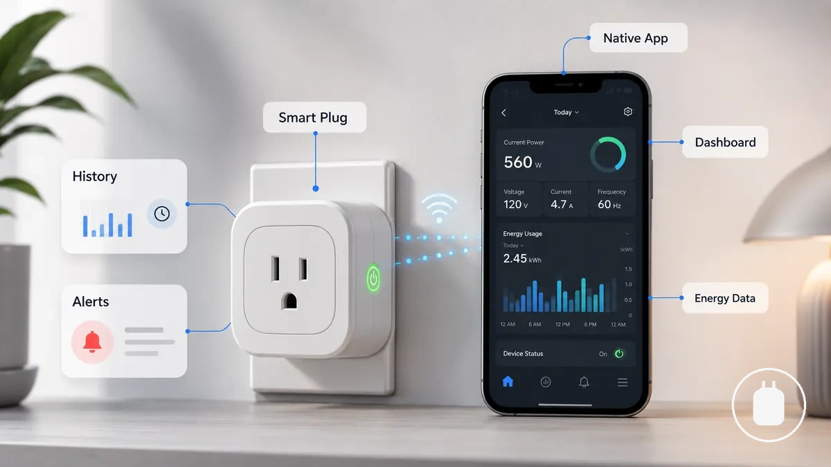 Energy monitoring smart plug with native app dashboard showing monitoring features