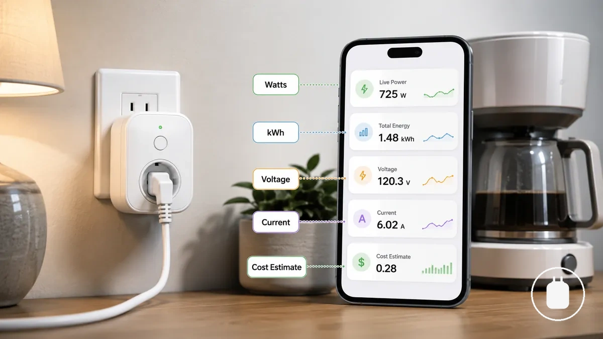 Annotated smart plug app screen showing energy data points such as watts and kWh