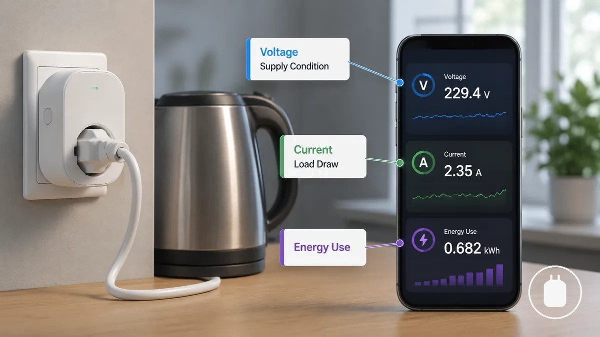 Annotated smart plug app fields for voltage, current, and energy consumption