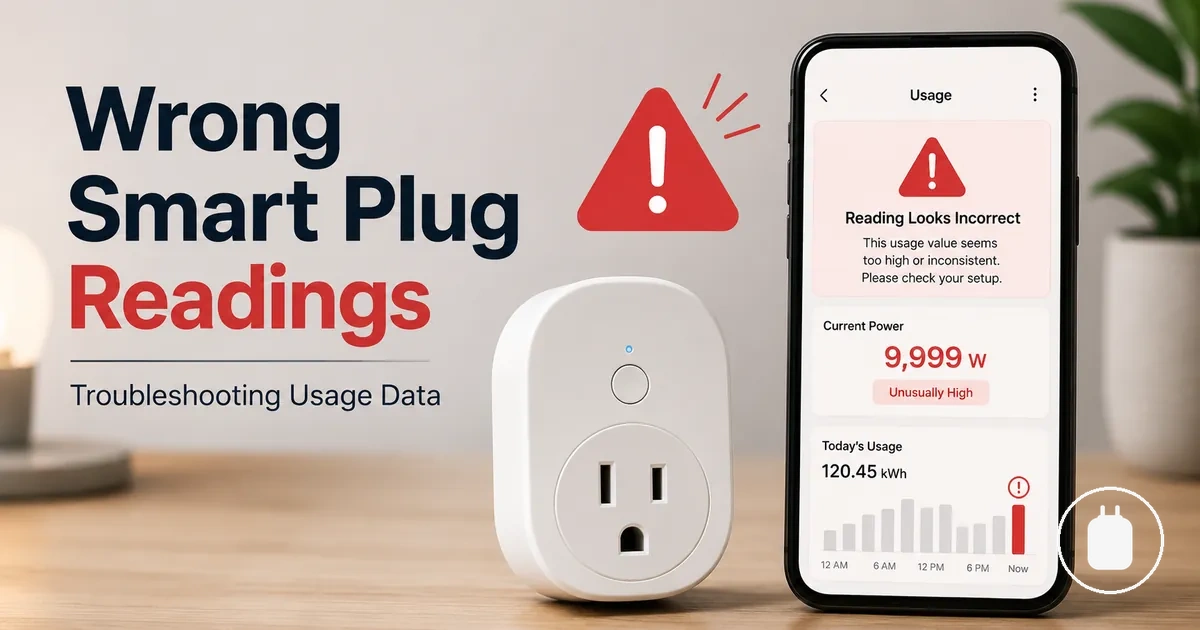 Energy monitoring smart plug with an app warning showing incorrect usage readings