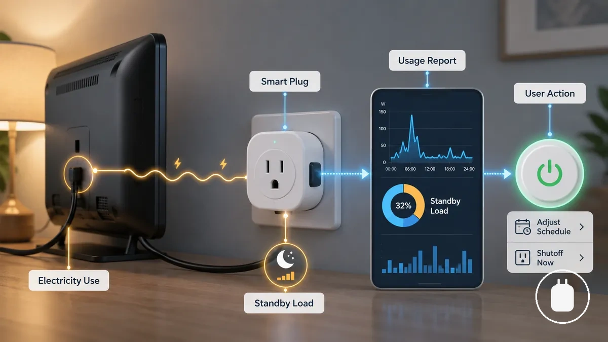Diagrama que muestra cómo un enchufe inteligente con medición de energía identifica el desperdicio de energía del uso del electrodoméstico