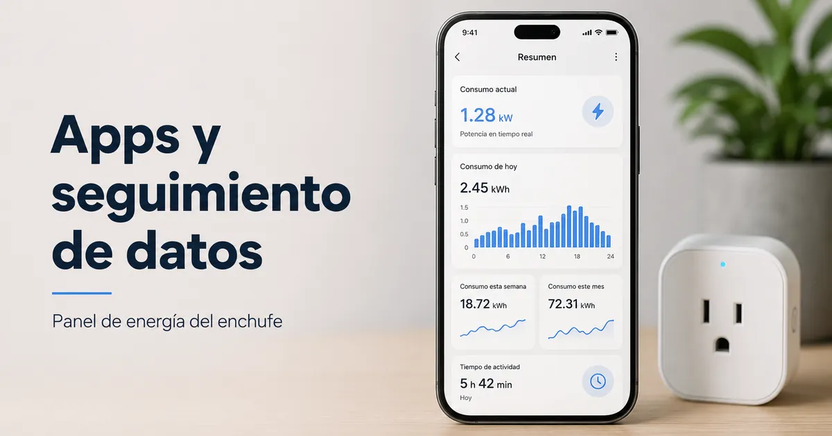 Panel de una app móvil mostrando datos de seguimiento energético de un enchufe inteligente
