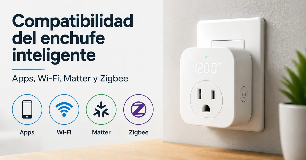 Enchufe inteligente con medición de energía con símbolos de compatibilidad de app, Wi-Fi, Matter y Zigbee