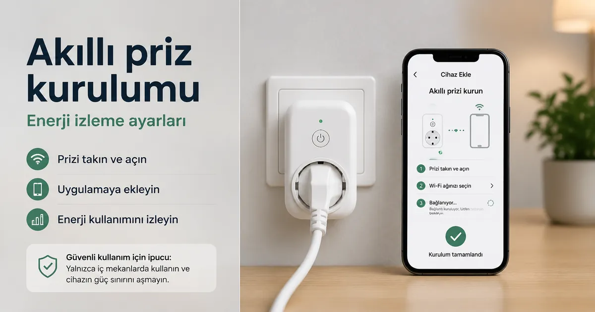 Enchufe inteligente con medición de energía conectado a una toma de pared con datos de consumo en una app móvil