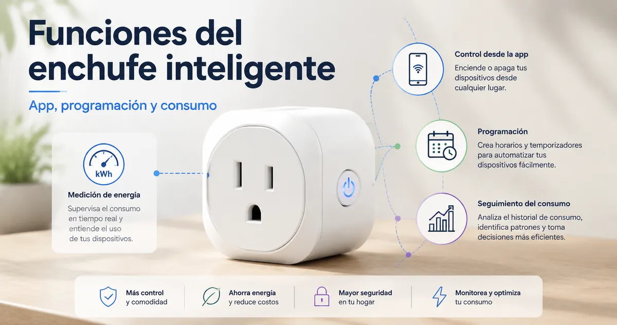 Iconos de funciones de un enchufe inteligente con medición de energía para control por app, programación y seguimiento del consumo