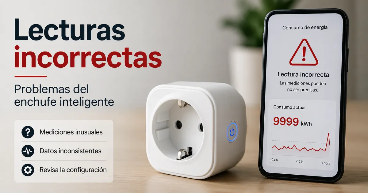 Enchufe inteligente con medición de energía mostrando una alerta de lecturas incorrectas en una app