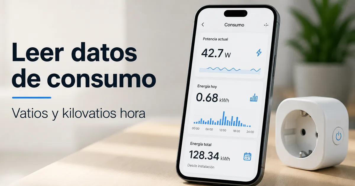 Pantalla de datos de consumo de un enchufe inteligente mostrando vatios y kilovatios hora