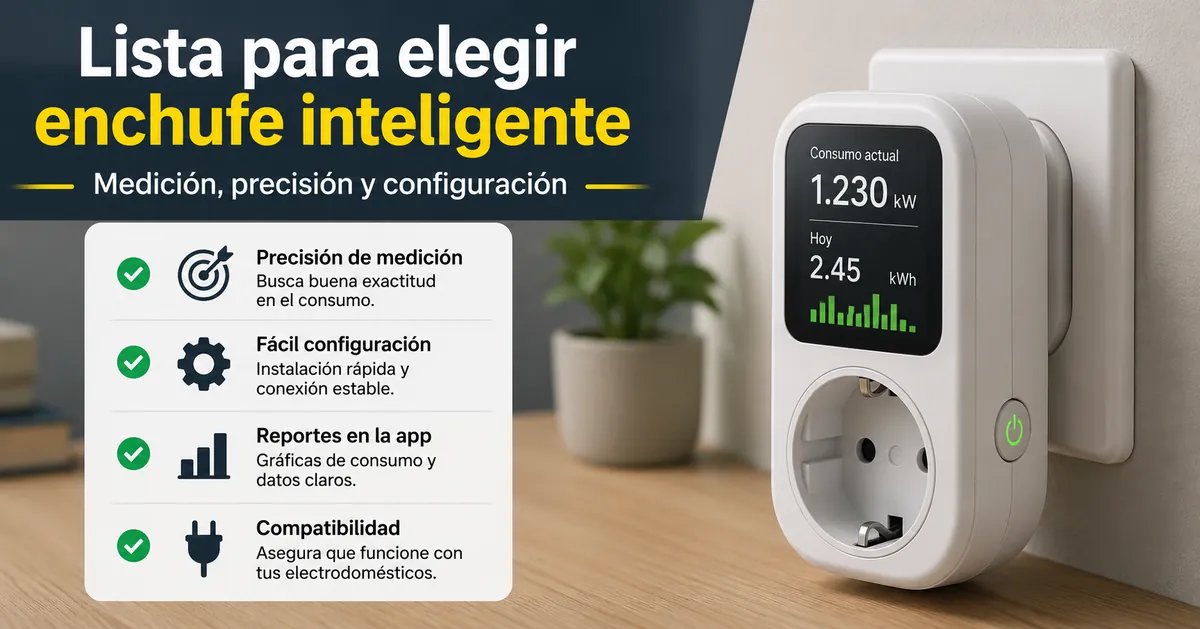 Lista de comprobación junto a un enchufe inteligente con medición de energía con factores clave de compra