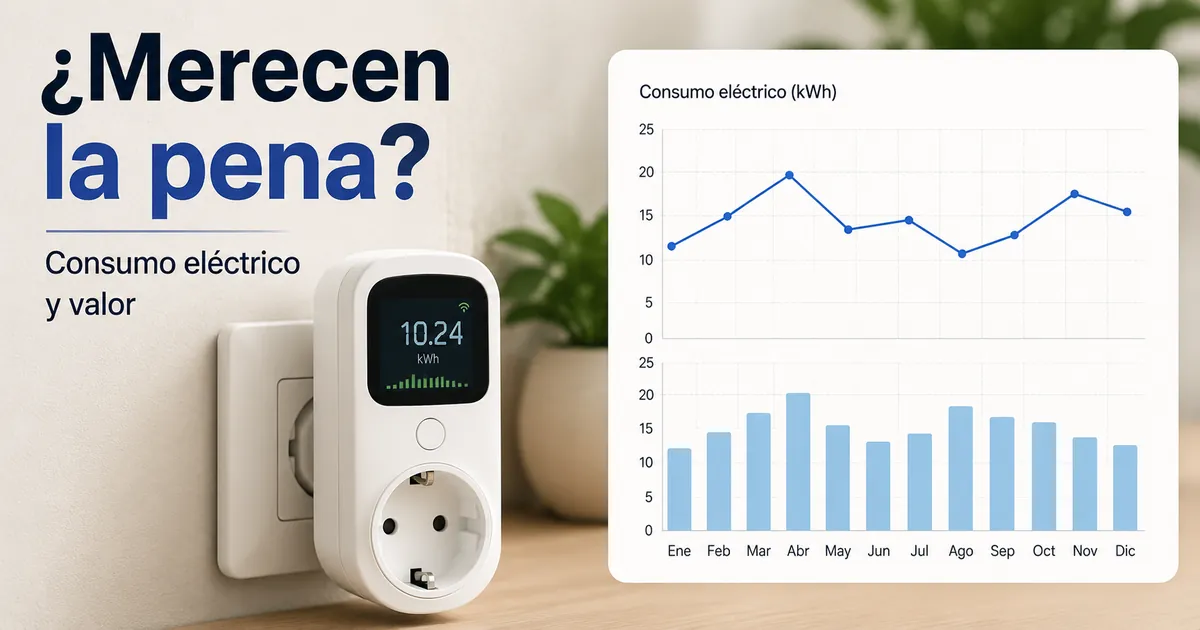 Enchufe inteligente con medición de energía junto a un gráfico de consumo eléctrico para comparar su valor