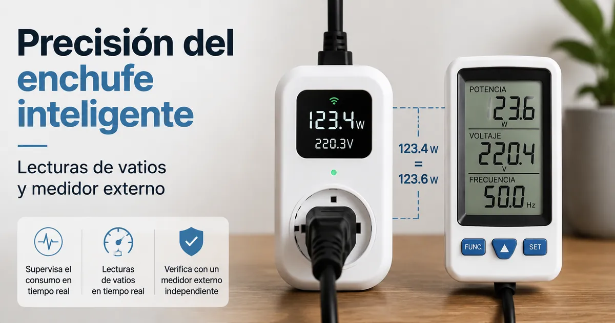 Enchufe inteligente con medición de energía mostrando lecturas de vatios junto a un medidor de potencia independiente