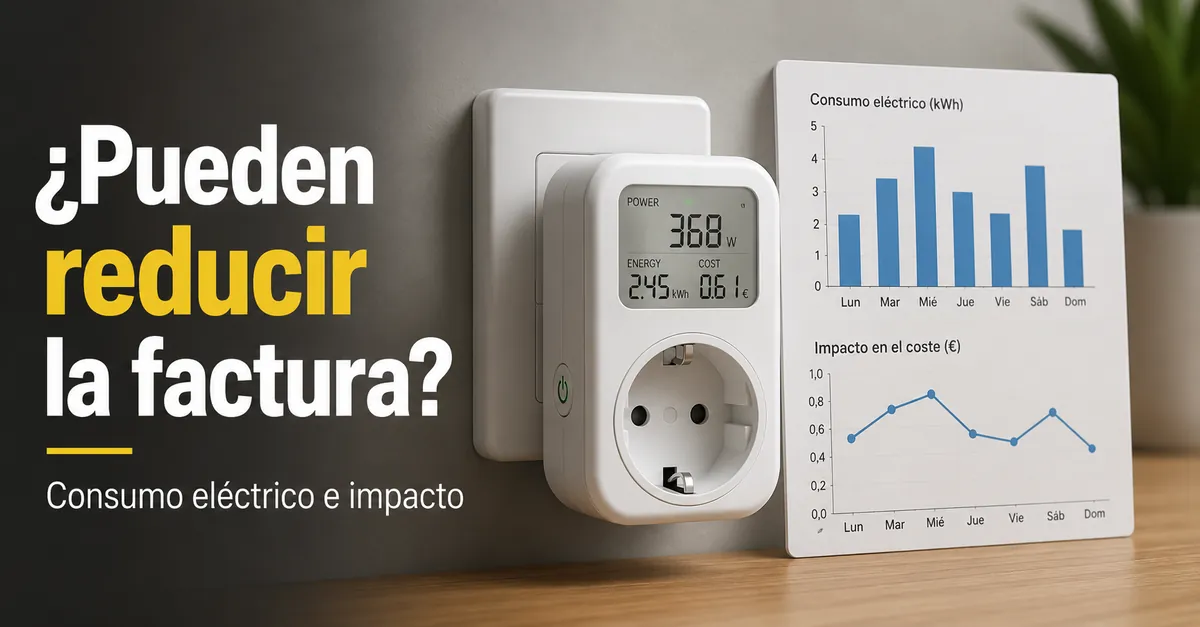 Enchufe inteligente con medición de energía junto a un gráfico de consumo eléctrico y coste