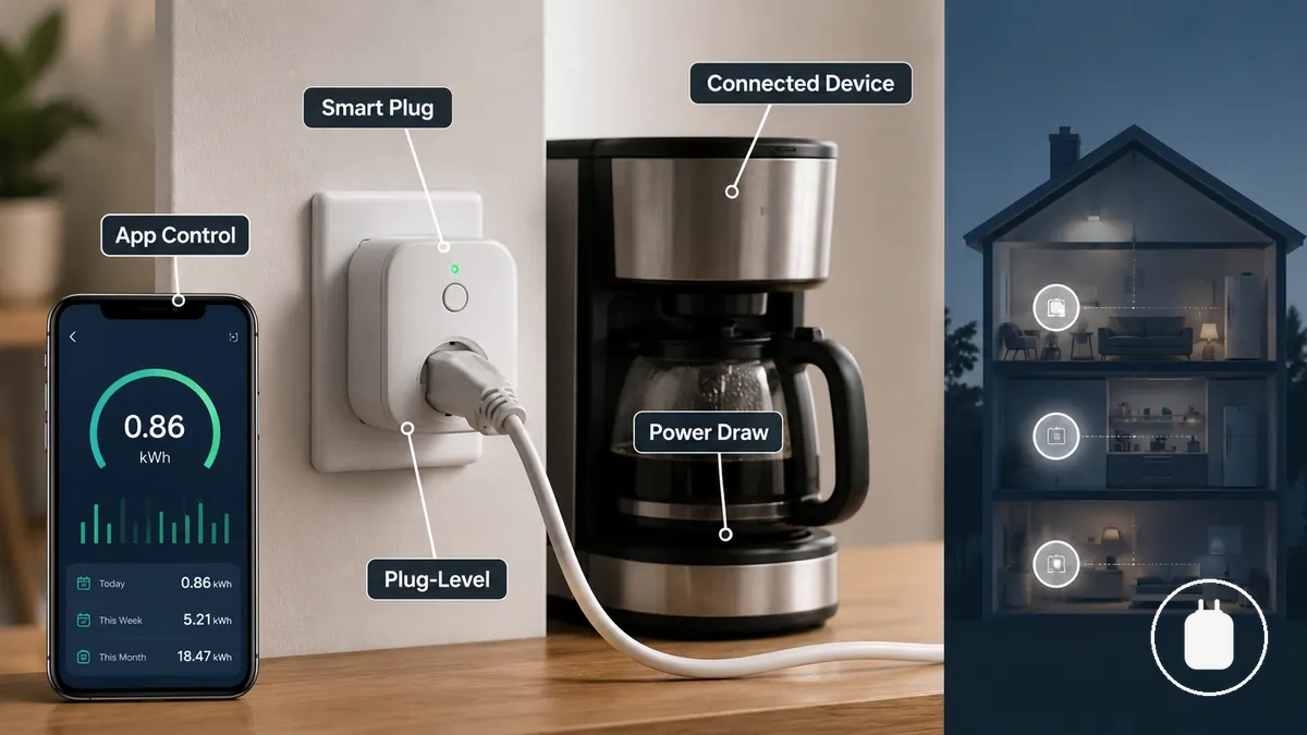Prise connectée avec suivi de consommation branchée sur une prise murale, avec affichage des données de consommation électrique via application