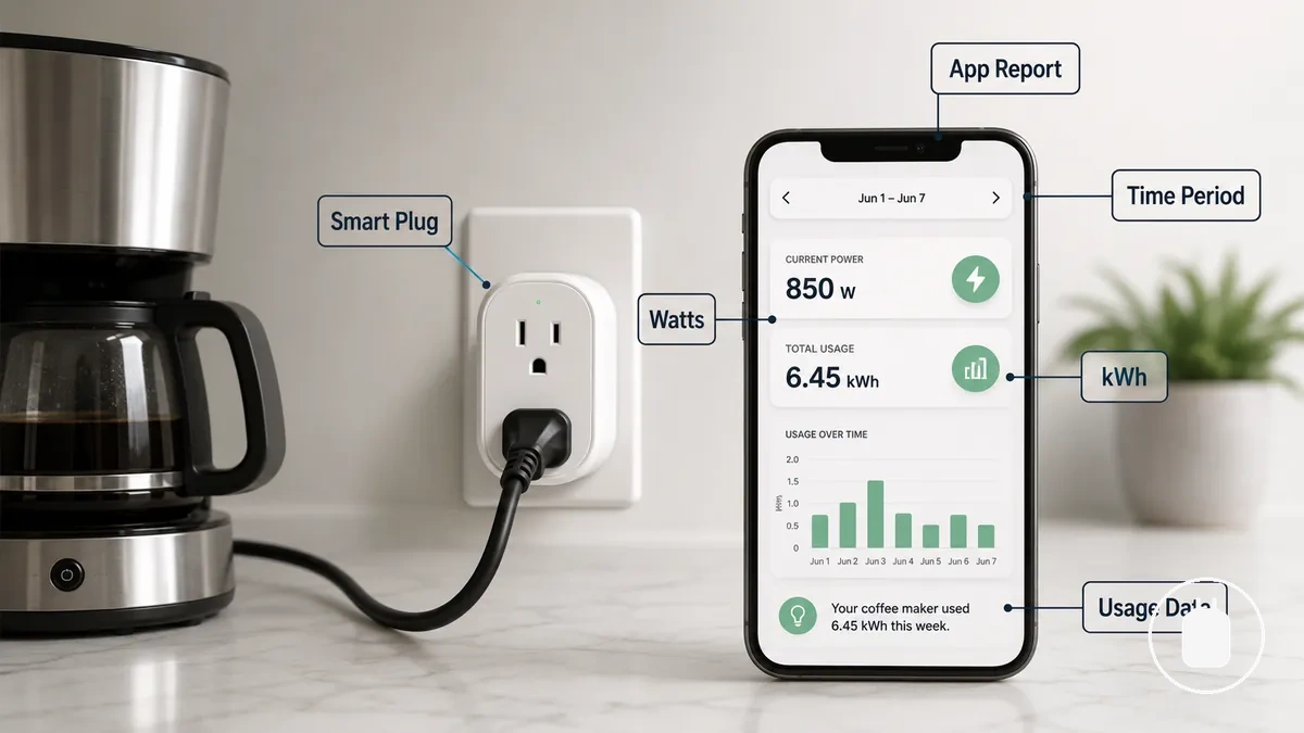 Rapport énergétique de prise connectée annoté montrant les kWh, la puissance en watts et la période