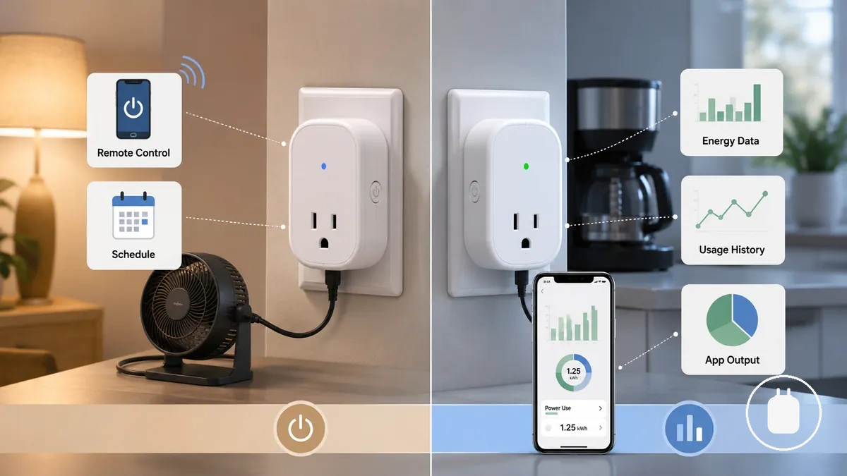 Comparaison entre prises connectées montrant les fonctionnalités de contrôle automatisé et de suivi de la consommation