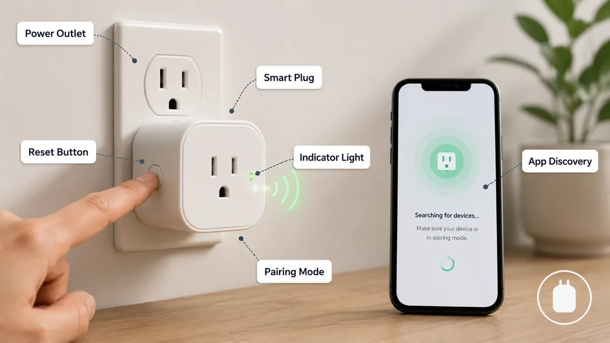 Prise connectée mise en mode appairage avec voyant lumineux et contexte de découverte dans l application