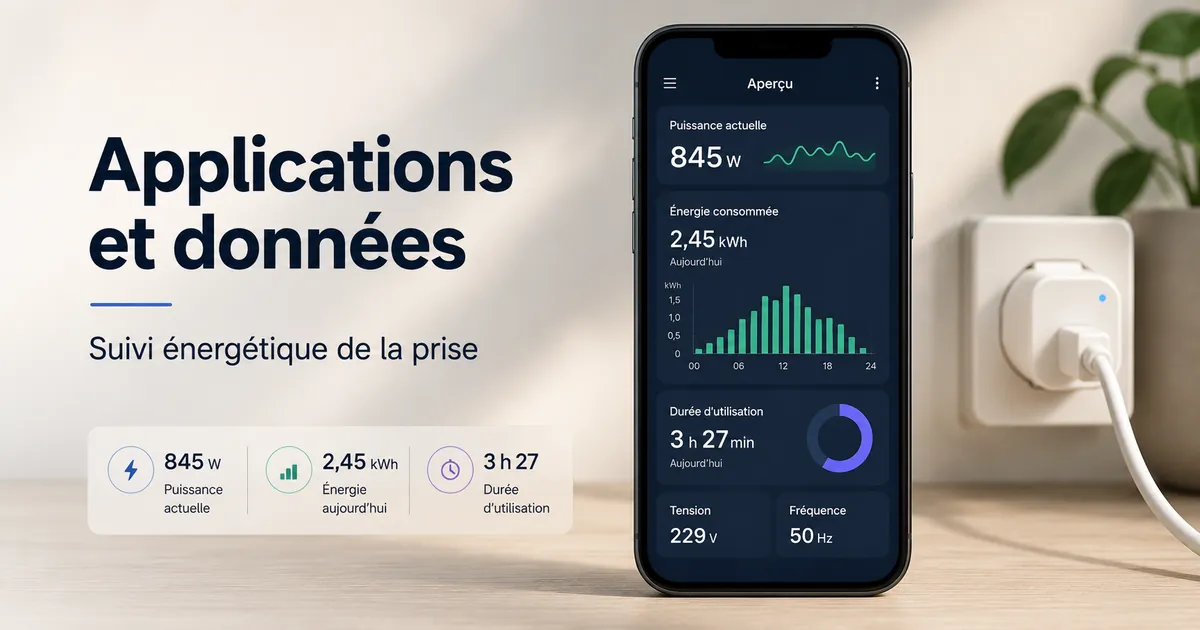 Tableau de bord d’application mobile affichant les données énergétiques d’une prise connectée