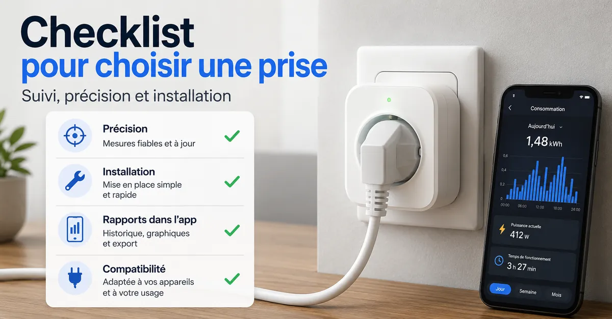 Checklist placée à côté d’une prise connectée avec suivi de consommation montrant les critères d’achat clés