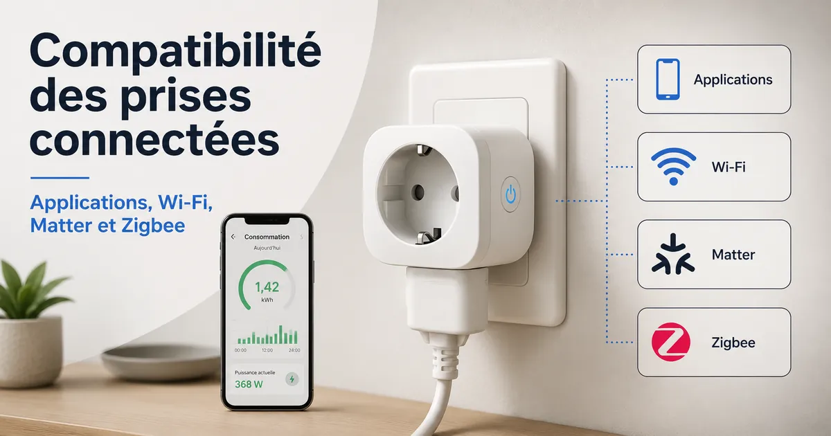 Prise connectée avec suivi de consommation accompagnée de symboles de compatibilité pour application, Wi-Fi, Matter et Zigbee