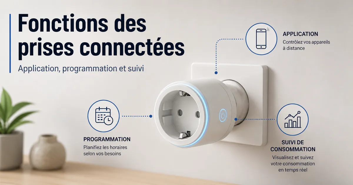 Icônes de fonctions d’une prise connectée avec suivi de consommation pour le contrôle par application, la programmation et le suivi de l’usage