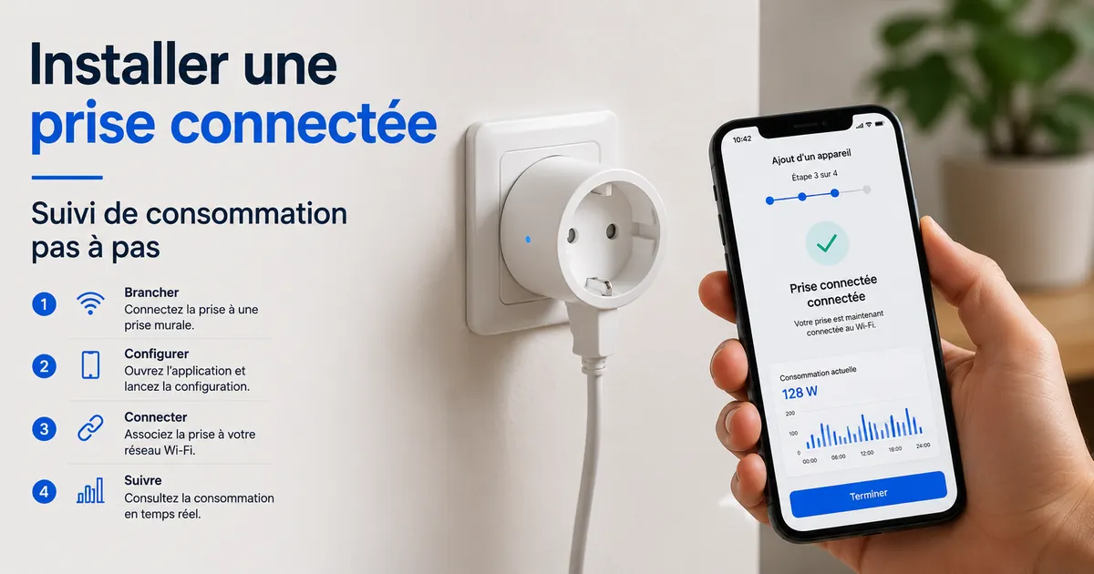 Prise connectée avec suivi de consommation en cours de configuration via une application mobile