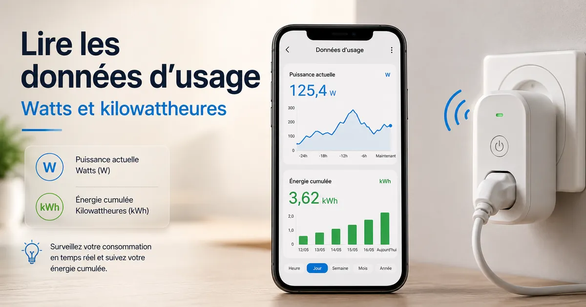 Écran de données d’usage d’une prise connectée affichant les watts et les kilowattheures