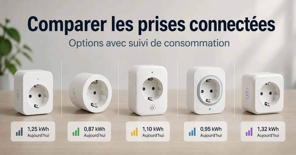 Plusieurs prises connectées avec suivi de consommation disposées pour comparaison avant achat