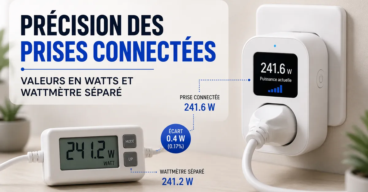 Prise connectée avec suivi de consommation affichant des valeurs en watts à côté d’un wattmètre séparé