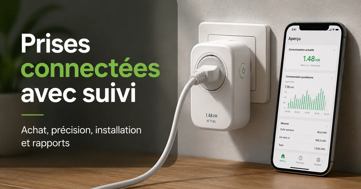 Prise connectée avec suivi de consommation branchée à une prise murale avec données d’usage affichées dans une application mobile