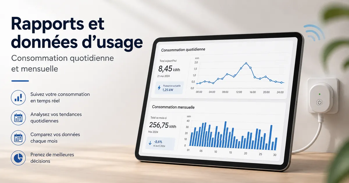 Écran de rapport d’une prise connectée avec suivi de consommation montrant la consommation électrique quotidienne et mensuelle