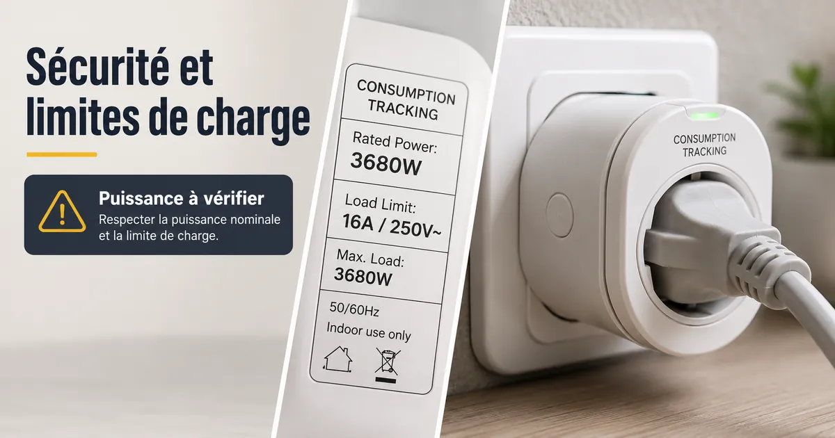Étiquette d’une prise connectée avec suivi de consommation affichant la puissance nominale et la limite de charge