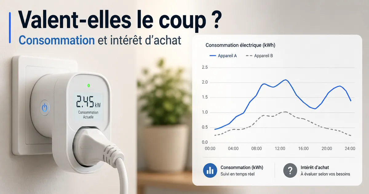 Prise connectée avec suivi de consommation à côté d’un graphique de consommation électrique pour comparer l’intérêt d’achat