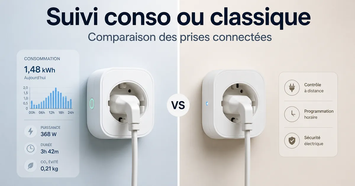 Prise connectée avec suivi de consommation comparée à une prise connectée classique