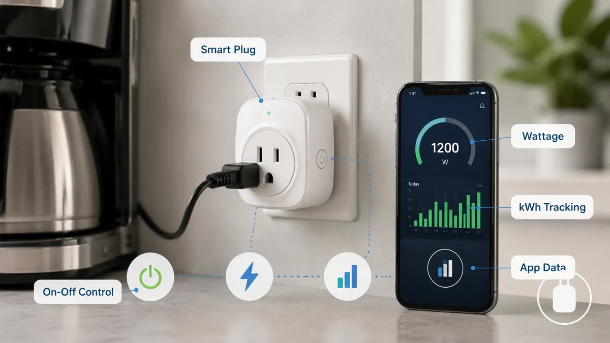 Plugue inteligente com monitoramento de energia mostrando dados do aplicativo para potência e rastreamento de kWh
